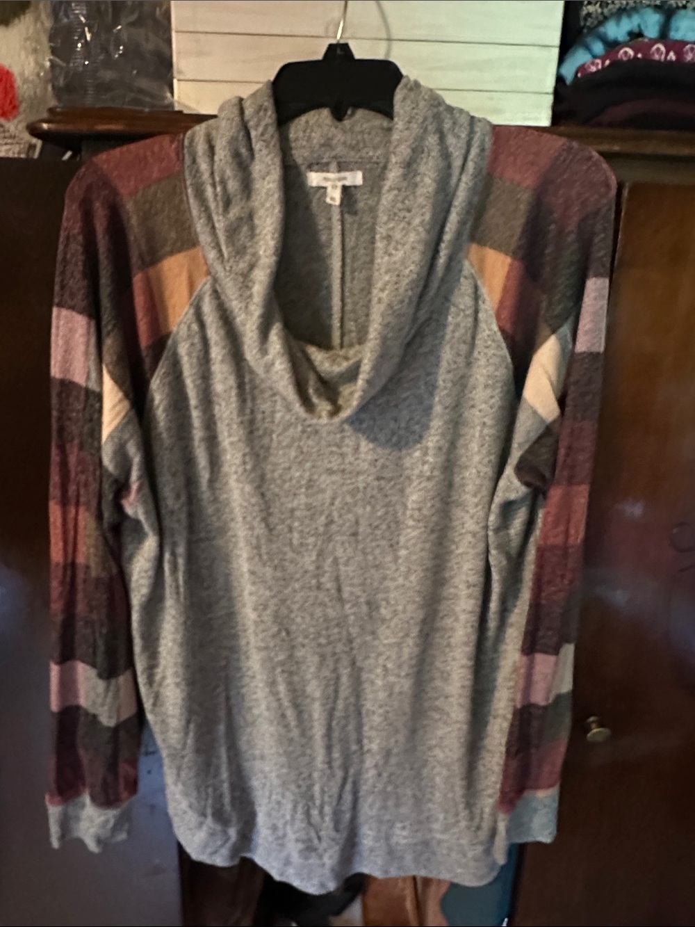 Maurices Gray Cowl Neck Sweater with Pink, Burgundy & Tan Striped Sleeves